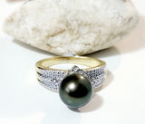 MARIDA - Authentic Tahitian Green Pearl with Zirconia Ring Band