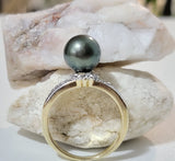 MARIDA - Authentic Tahitian Green Pearl with Zirconia Ring Band