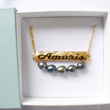 Horizontal Personalised Name Pendant Necklace with Natural Tahitian Pearls