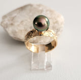 ALEIA - Authentic Tahitian Pearl Ring with 14K GOLDFILLED Floral Engrave Ring